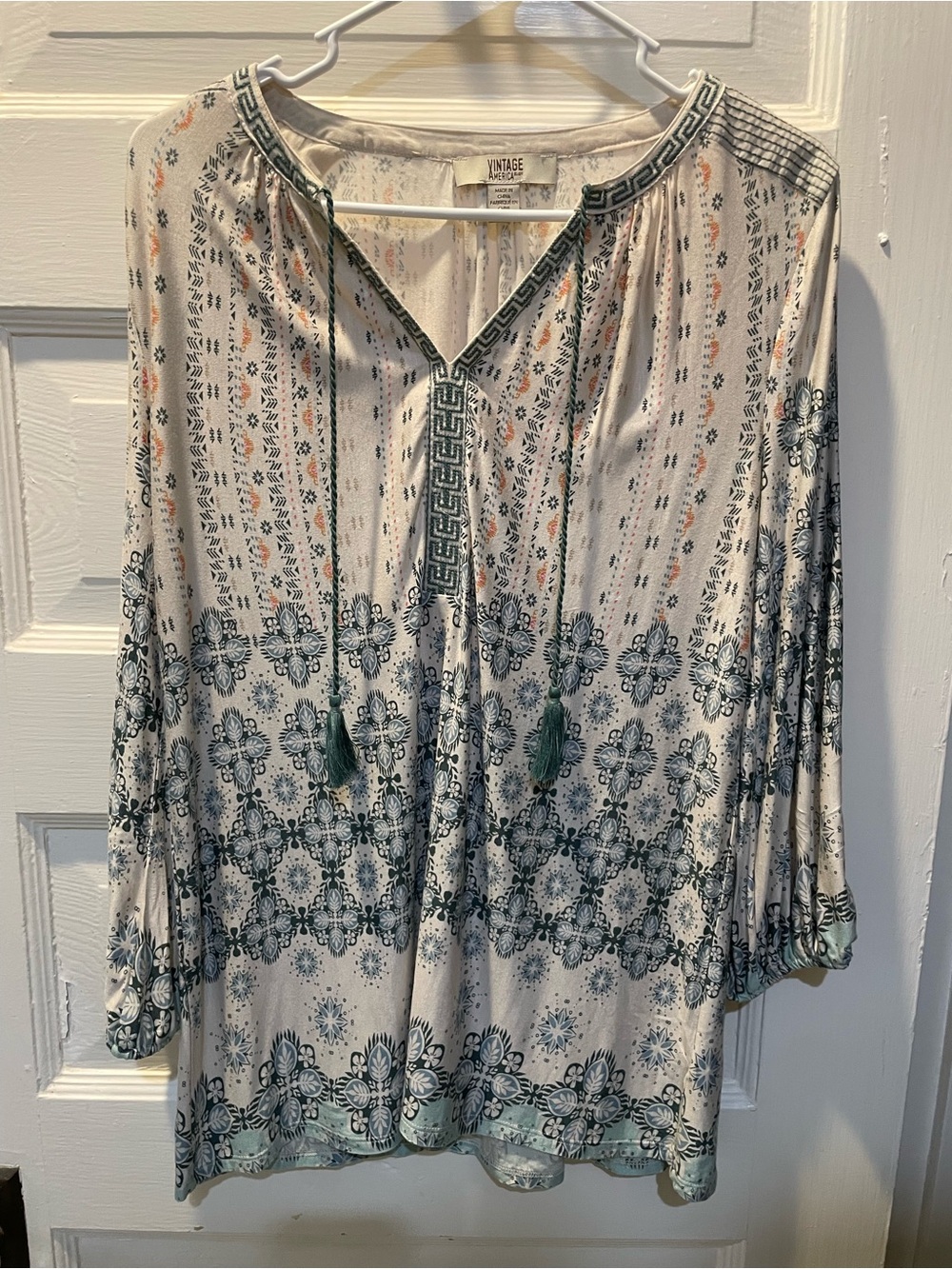 Vintage American Women's Cream Printed Boho Top, medium